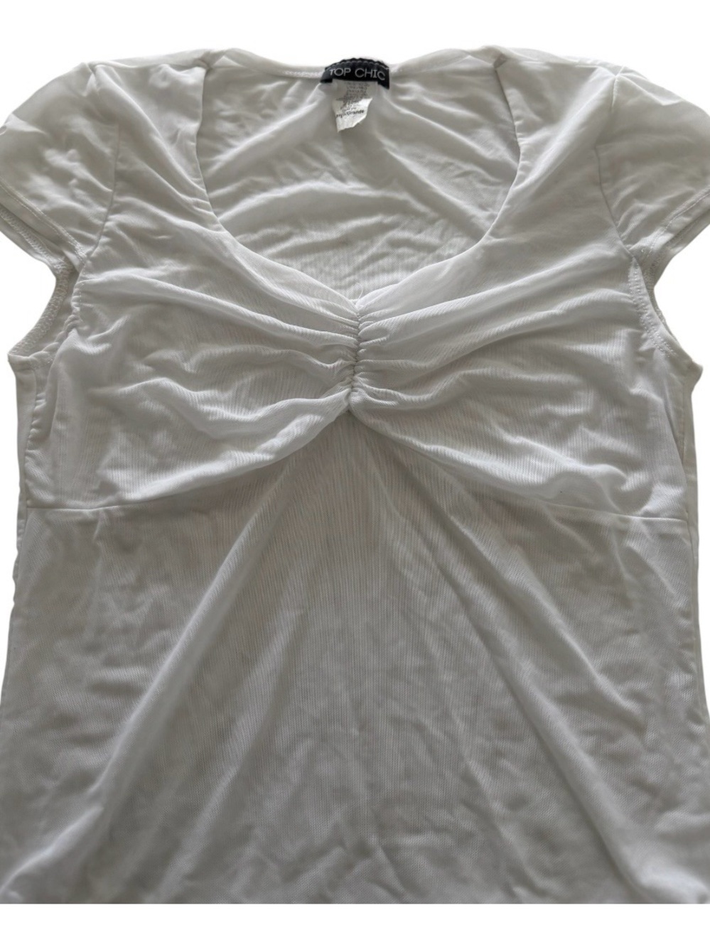 Sheer White Ruched V-Neck Short Sleeve Tee